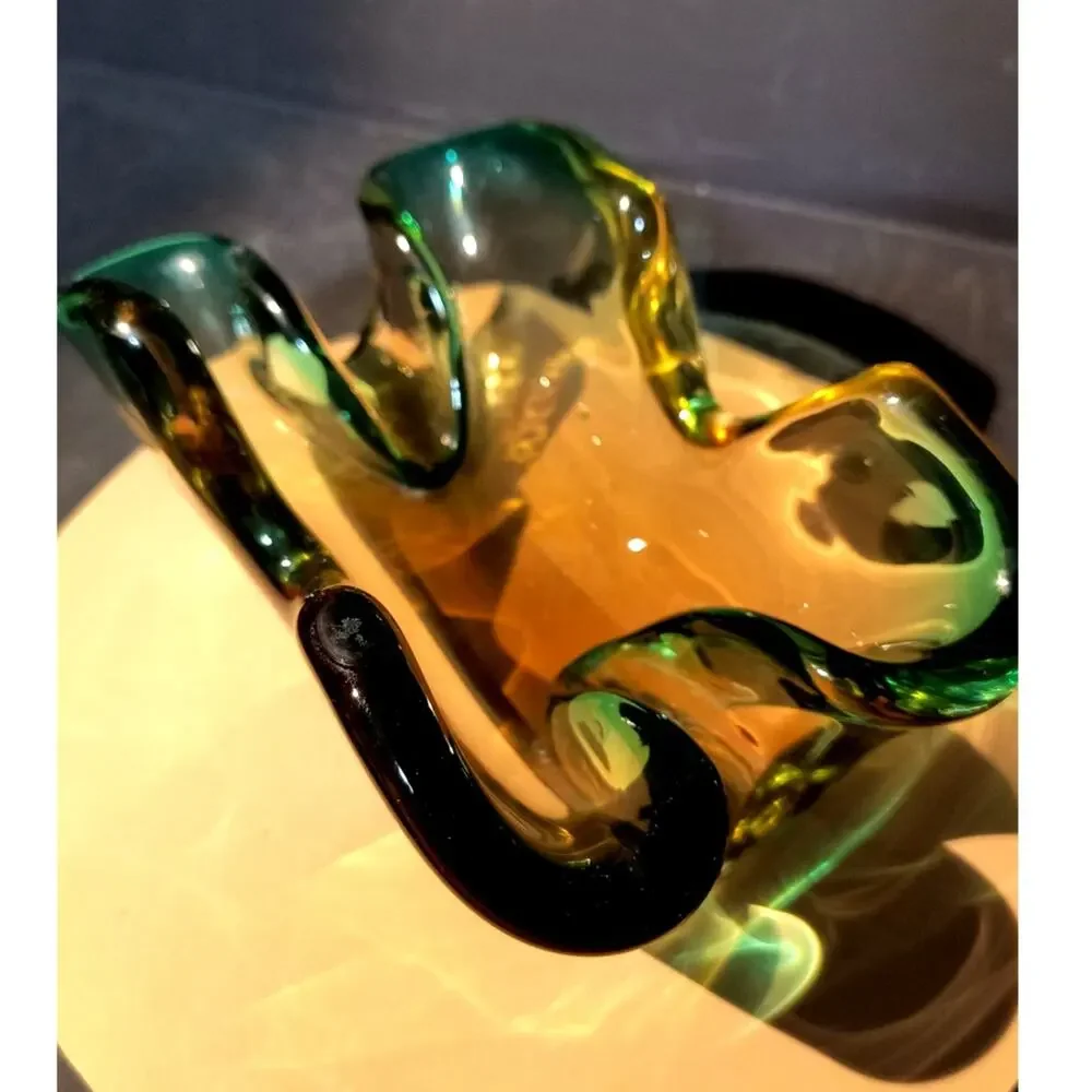 597. Murano Style Art Glass Bowl Dish Green and Amber Glows